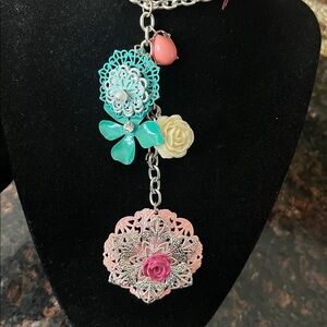 Long Floral Bold Statement Charm Necklace in Silver, Pink, Yellow and Turquoise